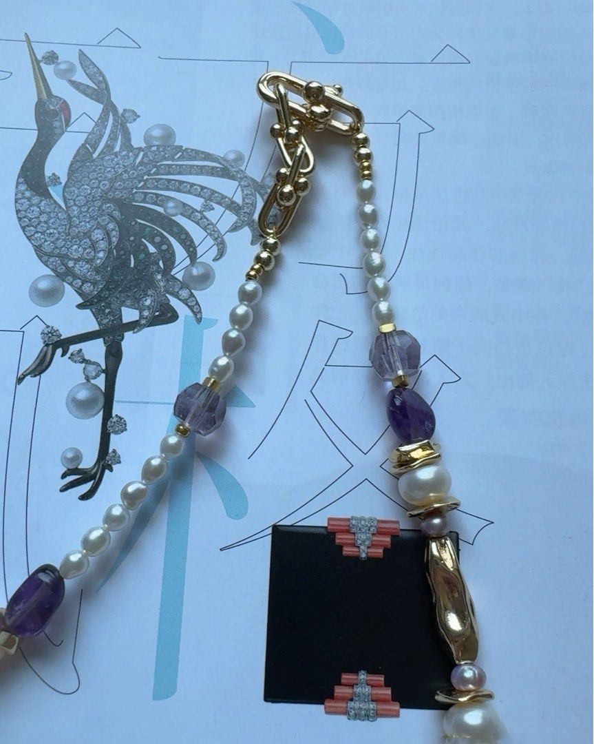 #PN465 Gem Valley |Freshwater Pearl Necklace |Clover Shaped Pearl |Red Agate|Amber|Purple, Yellow Quartz |Elegant