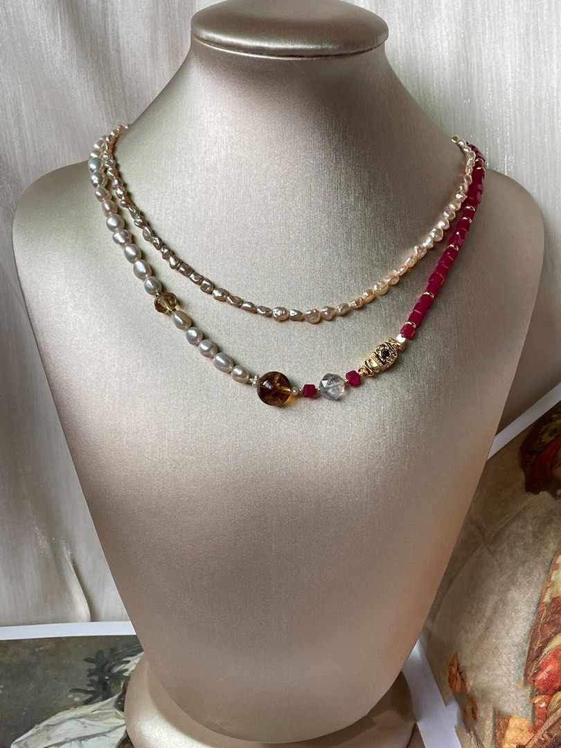 [Sale] Gemstone Whimsy |Freshwater Pearl Necklace |Ruby Cubes| Citrine |Faceted Fluorite |Lustrous Baroque