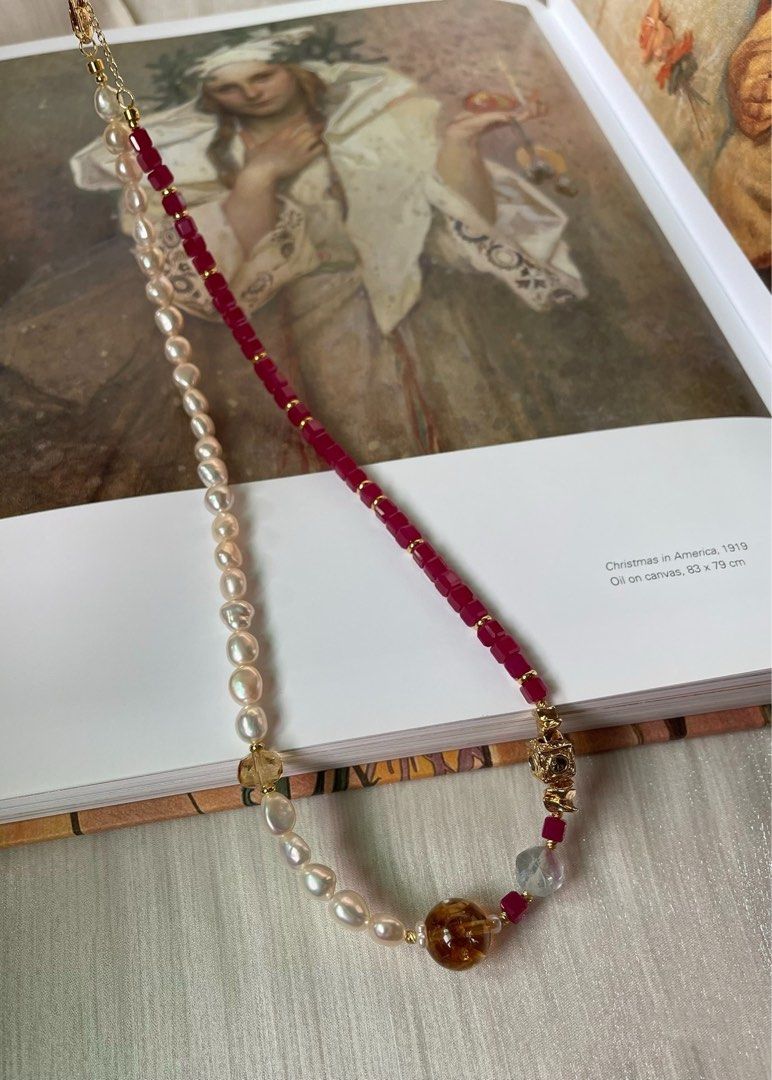 [Sale] Gemstone Whimsy |Freshwater Pearl Necklace |Ruby Cubes| Citrine |Faceted Fluorite |Lustrous Baroque