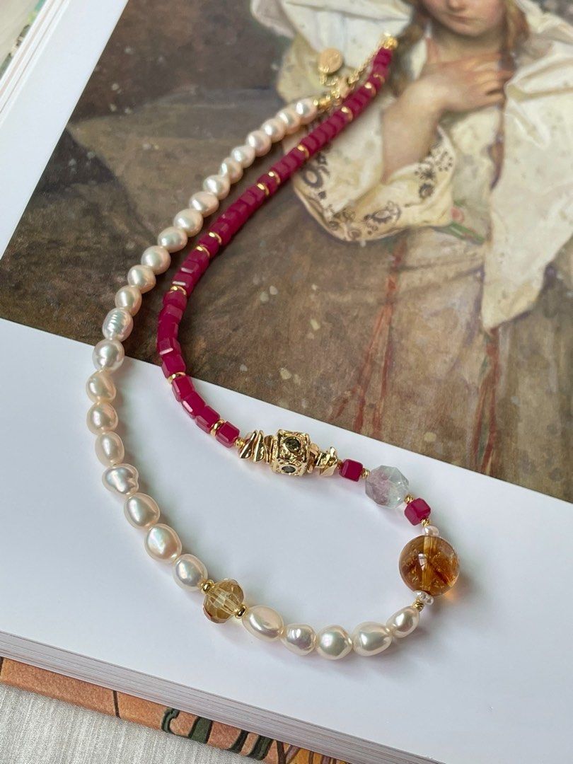 [Sale] Gemstone Whimsy |Freshwater Pearl Necklace |Ruby Cubes| Citrine |Faceted Fluorite |Lustrous Baroque