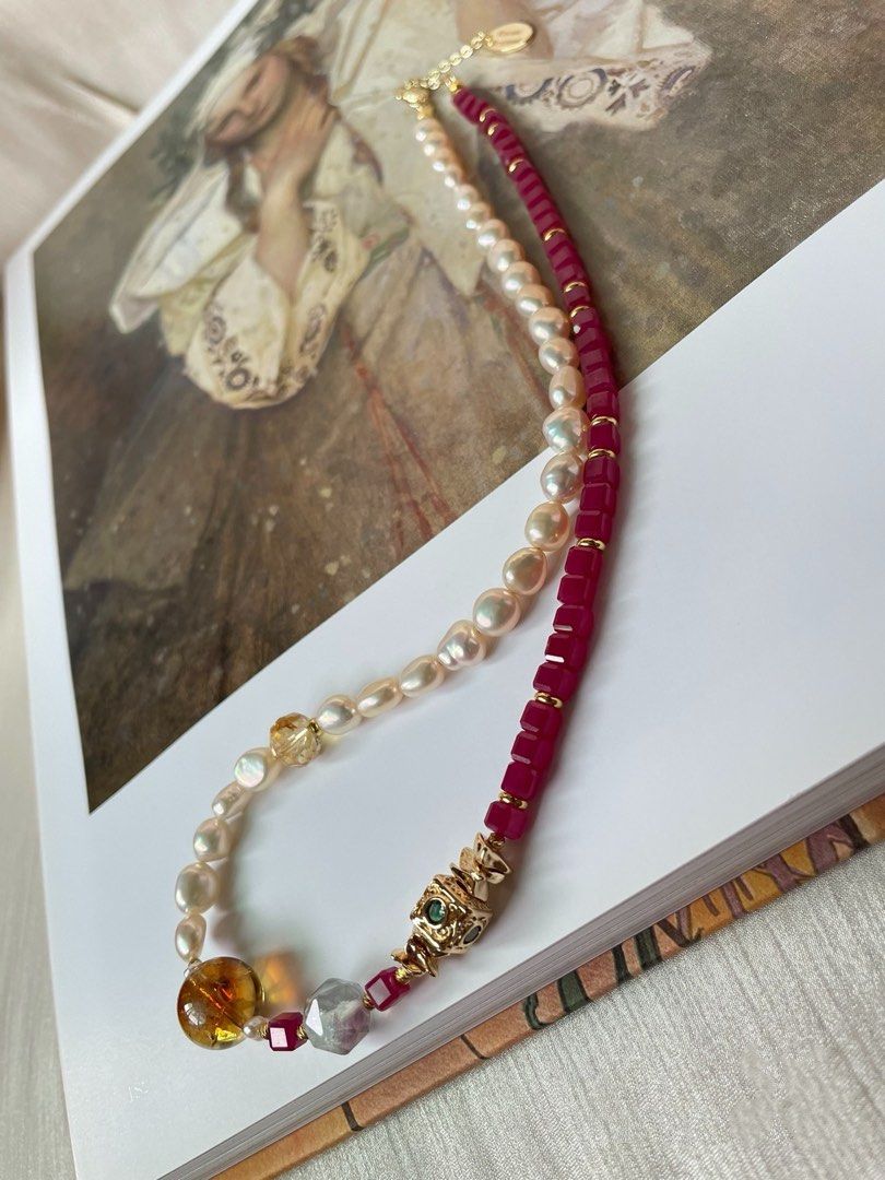 [Sale] Gemstone Whimsy |Freshwater Pearl Necklace |Ruby Cubes| Citrine |Faceted Fluorite |Lustrous Baroque