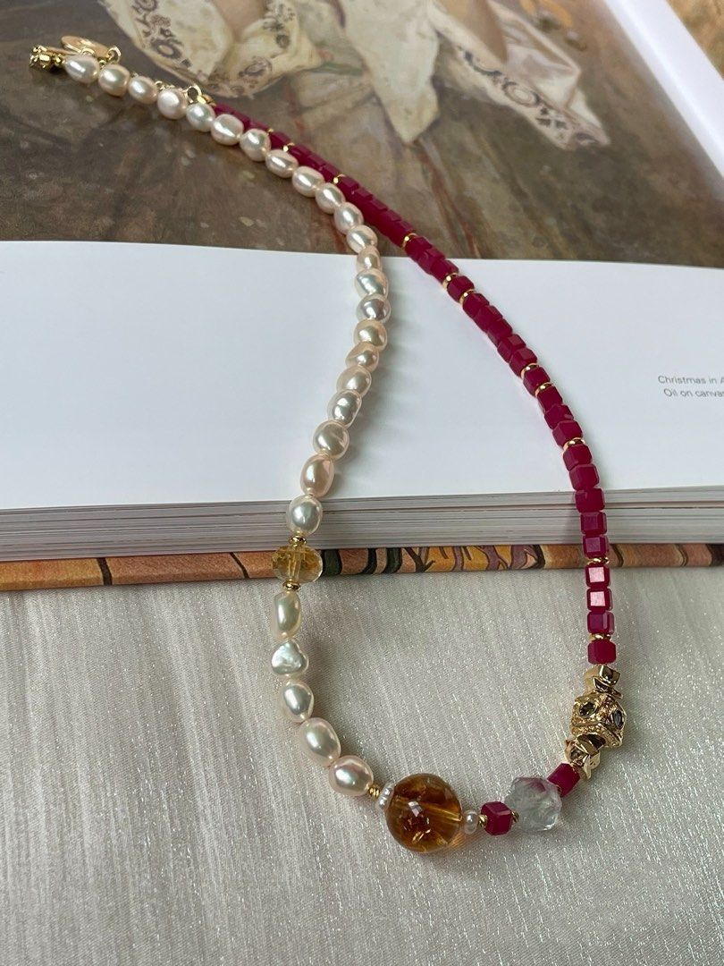 [Sale] Gemstone Whimsy |Freshwater Pearl Necklace |Ruby Cubes| Citrine |Faceted Fluorite |Lustrous Baroque