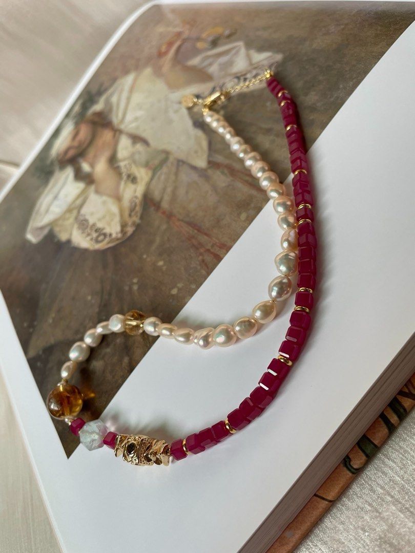 [Sale] Gemstone Whimsy |Freshwater Pearl Necklace |Ruby Cubes| Citrine |Faceted Fluorite |Lustrous Baroque