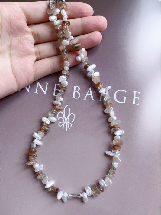 #PN545 Gentle Brown |Freshwater Pearl Necklace |Rutilated Quartz |Baroque Pearl
