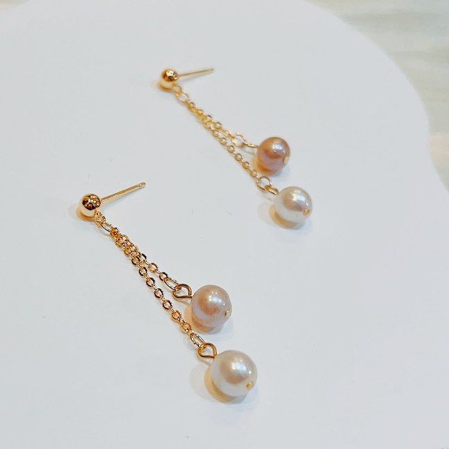 [Free Shipping] Genuine Freshwater Pearl Earrings White & Purple Pearls on Chains