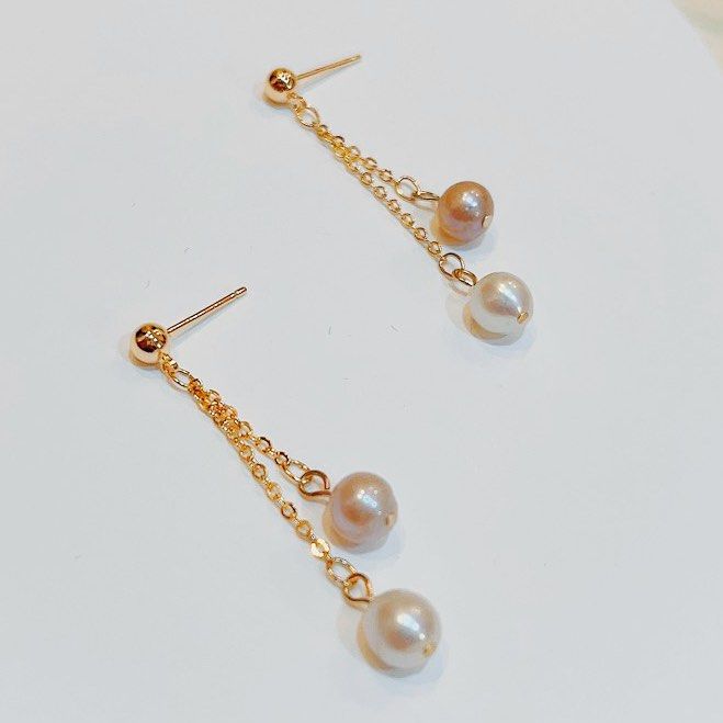 [Free Shipping] Genuine Freshwater Pearl Earrings White & Purple Pearls on Chains