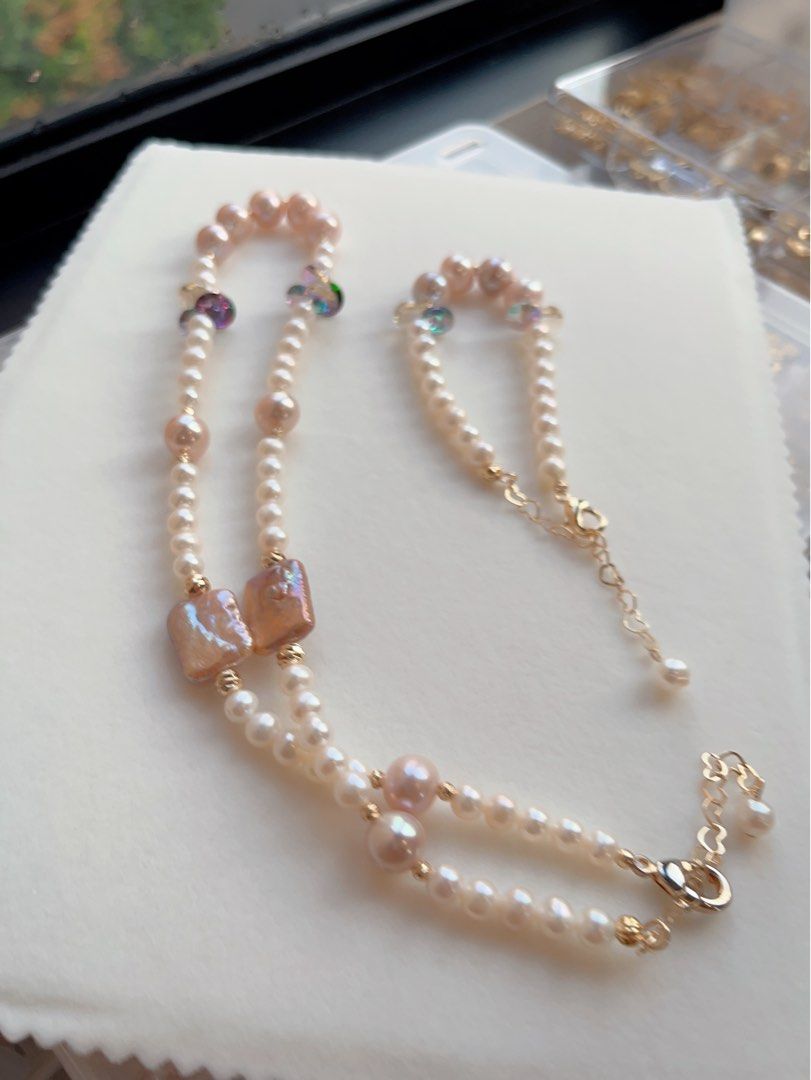 #PN599 [Sale] Genuine Freshwater Pearl Necklace & Bracelet Set|Purple Square Baroque Pearl |Purple Edison Pearl |Purple Crystal
