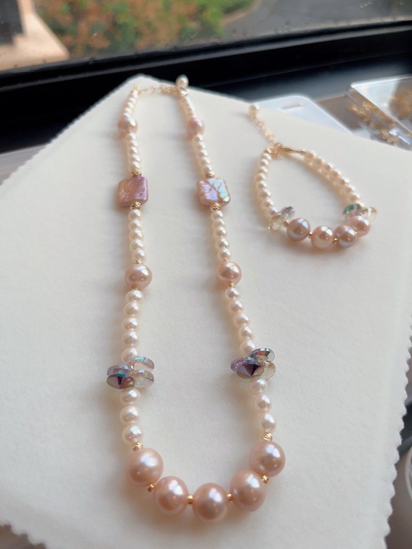 #PN599 [Sale] Genuine Freshwater Pearl Necklace & Bracelet Set|Purple Square Baroque Pearl |Purple Edison Pearl |Purple Crystal
