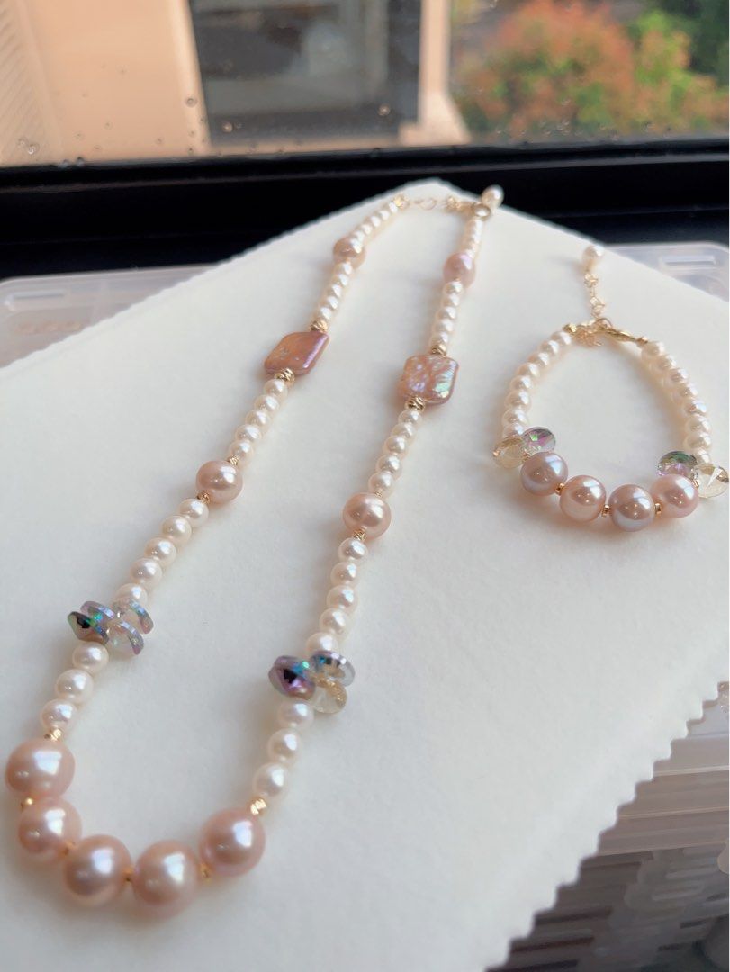 #PN599 [Sale] Genuine Freshwater Pearl Necklace & Bracelet Set|Purple Square Baroque Pearl |Purple Edison Pearl |Purple Crystal
