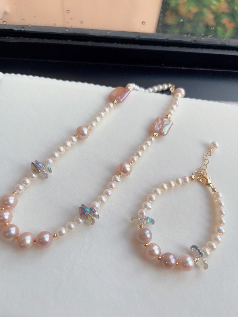 #PN599 [Sale] Genuine Freshwater Pearl Necklace & Bracelet Set|Purple Square Baroque Pearl |Purple Edison Pearl |Purple Crystal