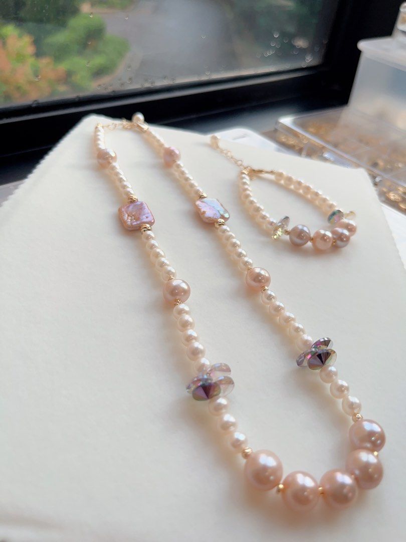 #PN599 [Sale] Genuine Freshwater Pearl Necklace & Bracelet Set|Purple Square Baroque Pearl |Purple Edison Pearl |Purple Crystal