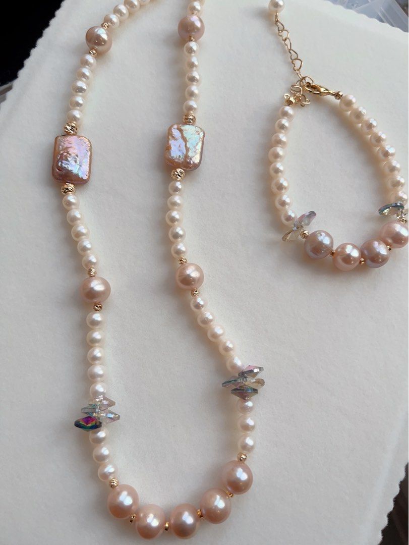 #PN599 [Sale] Genuine Freshwater Pearl Necklace & Bracelet Set|Purple Square Baroque Pearl |Purple Edison Pearl |Purple Crystal