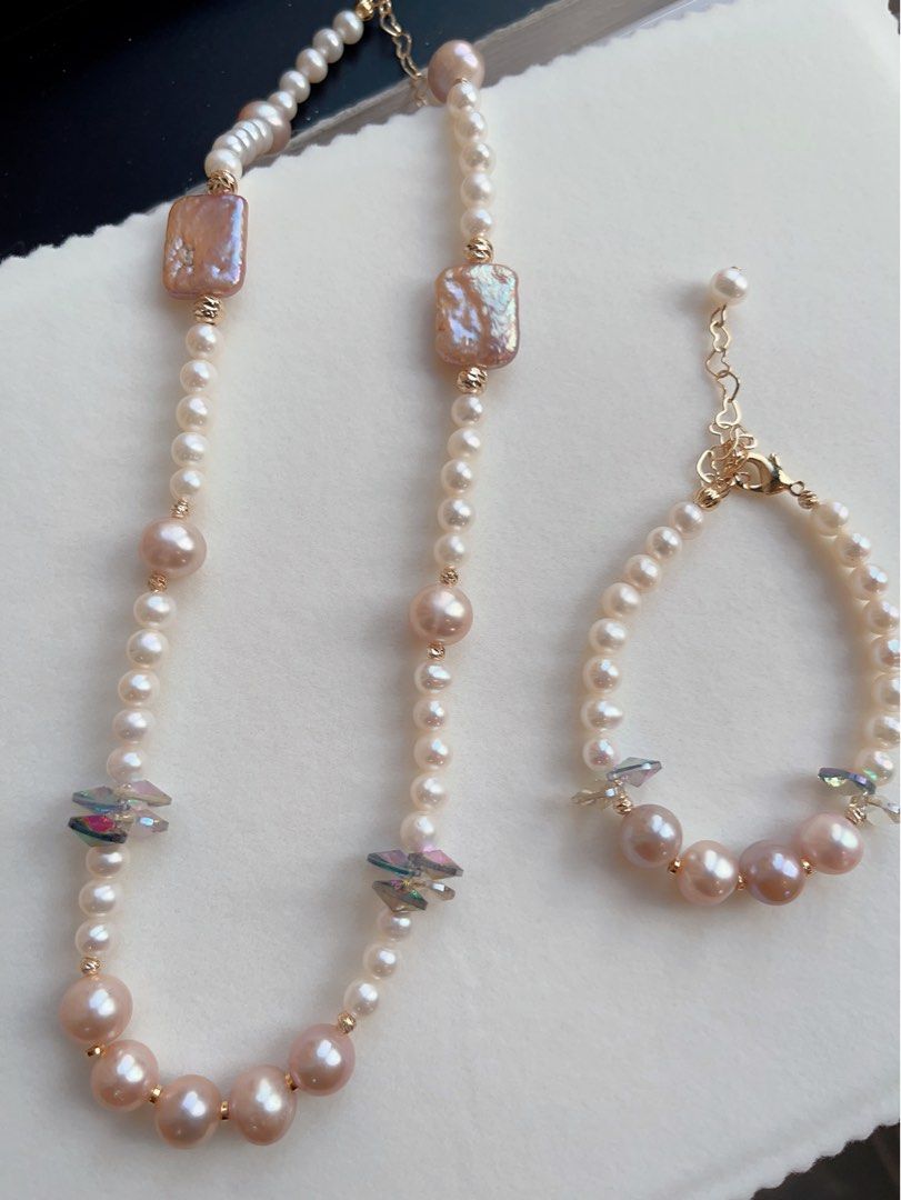 #PN599 [Sale] Genuine Freshwater Pearl Necklace & Bracelet Set|Purple Square Baroque Pearl |Purple Edison Pearl |Purple Crystal