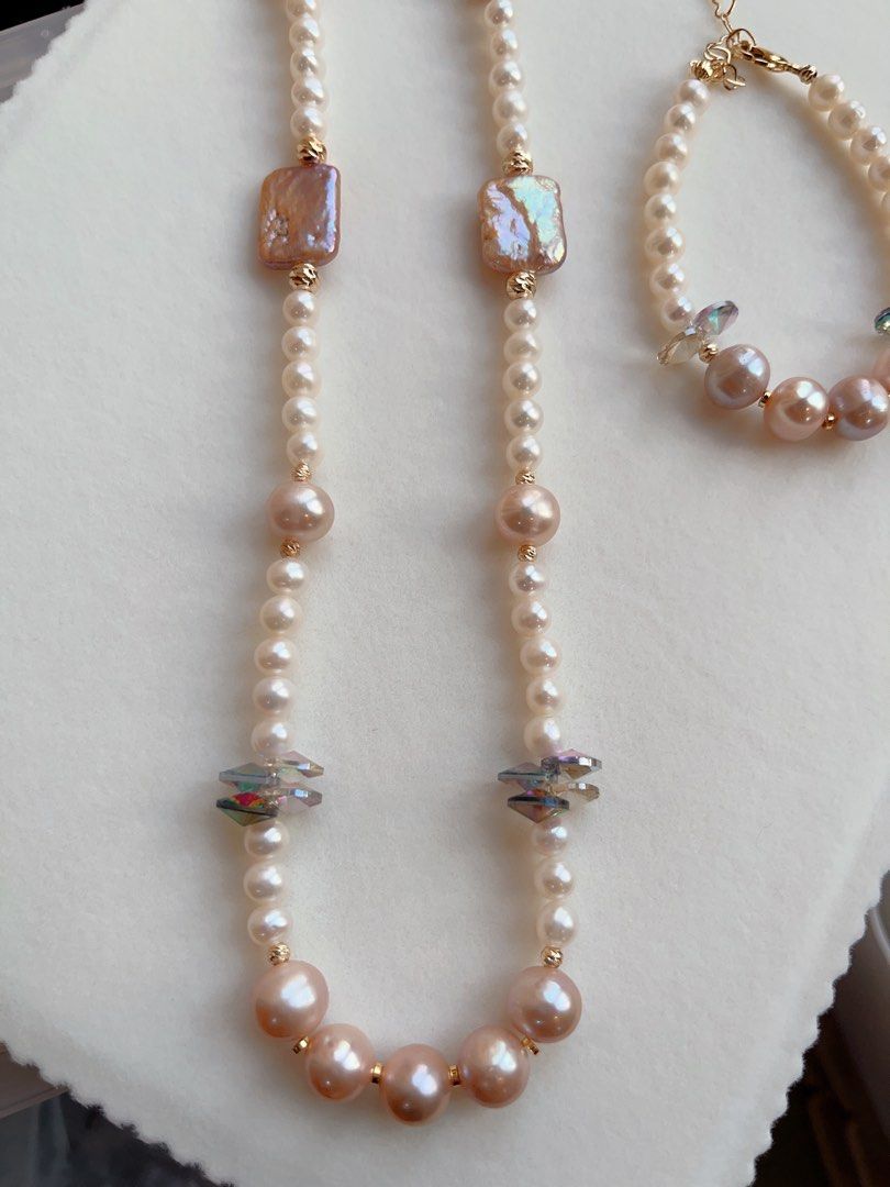 #PN599 [Sale] Genuine Freshwater Pearl Necklace & Bracelet Set|Purple Square Baroque Pearl |Purple Edison Pearl |Purple Crystal