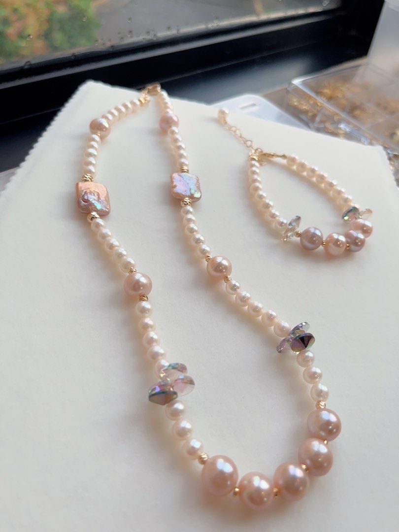 #PN599 [Sale] Genuine Freshwater Pearl Necklace & Bracelet Set|Purple Square Baroque Pearl |Purple Edison Pearl |Purple Crystal