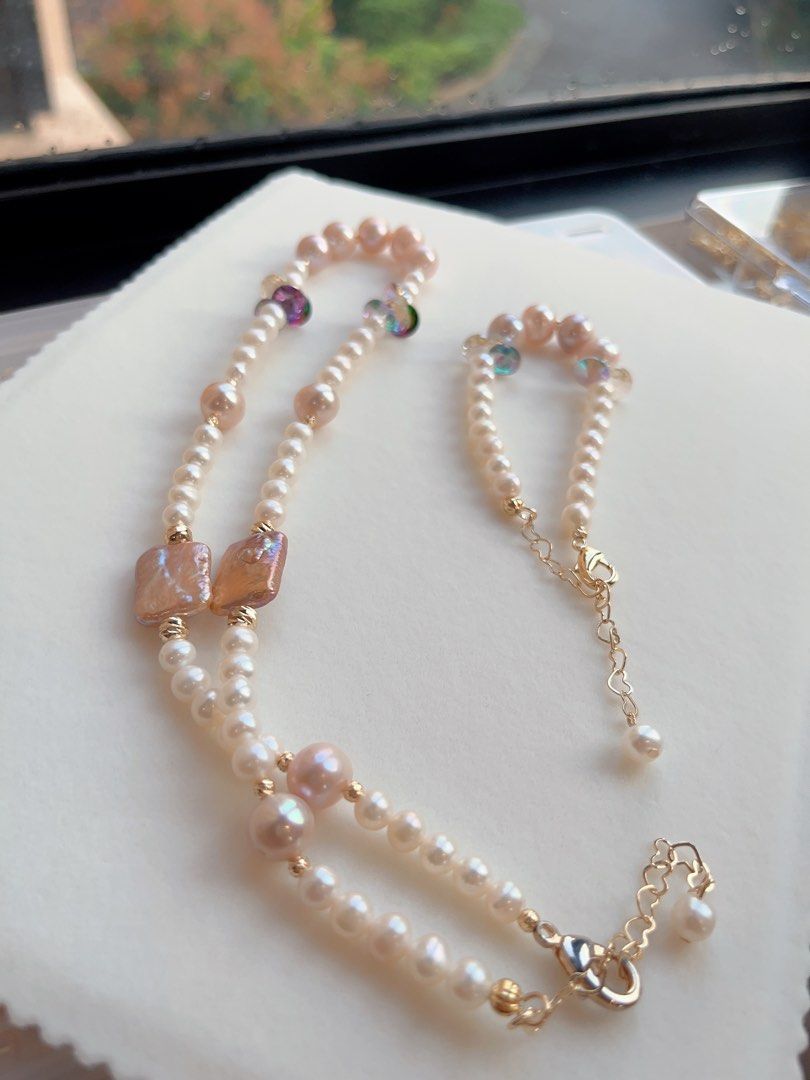#PN599 [Sale] Genuine Freshwater Pearl Necklace & Bracelet Set|Purple Square Baroque Pearl |Purple Edison Pearl |Purple Crystal