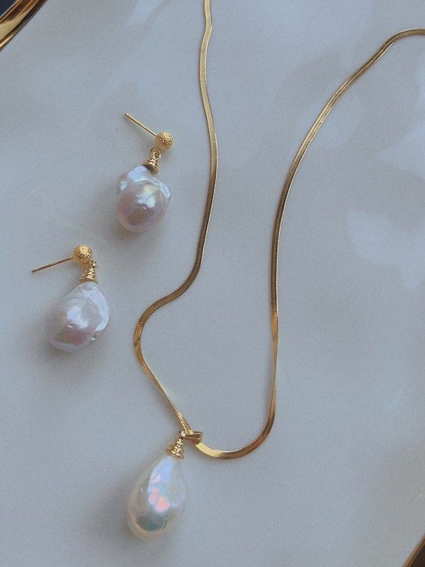 Genuine Freshwater Pearl Necklace & Earrings Set |Big Irregular Shaped Baroque Pearls|Excellent Luster