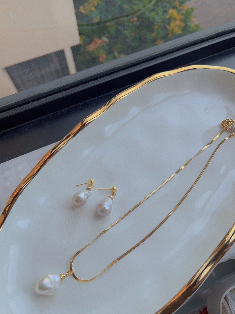 Genuine Freshwater Pearl Necklace & Earrings Set |Big Irregular Shaped Baroque Pearls|Excellent Luster