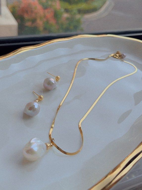 Genuine Freshwater Pearl Necklace & Earrings Set |Big Irregular Shaped Baroque Pearls|Excellent Luster