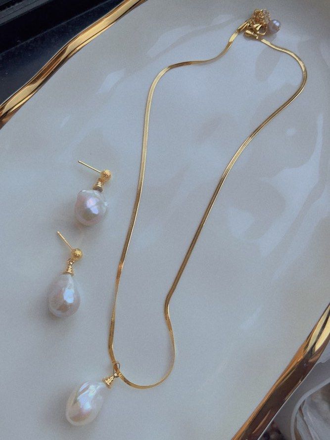 Genuine Freshwater Pearl Necklace & Earrings Set |Big Irregular Shaped Baroque Pearls|Excellent Luster