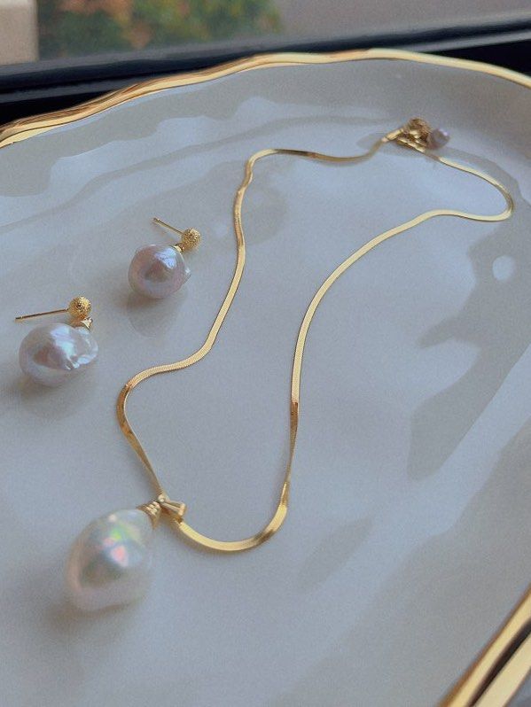 Genuine Freshwater Pearl Necklace & Earrings Set |Big Irregular Shaped Baroque Pearls|Excellent Luster