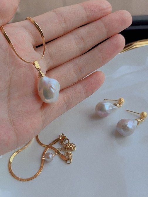 Genuine Freshwater Pearl Necklace & Earrings Set |Big Irregular Shaped Baroque Pearls|Excellent Luster