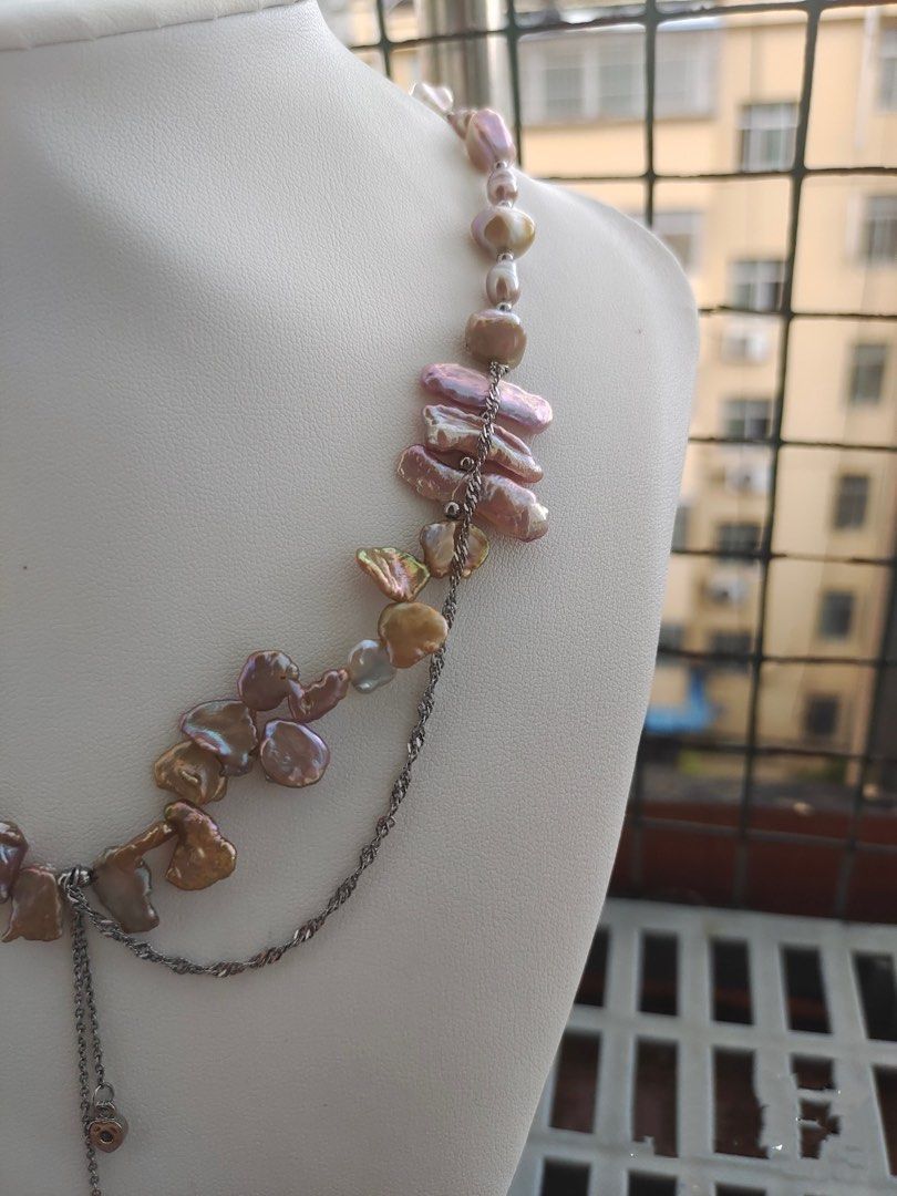 #PN576 Original Design| Handmade| Gilt Shiny Purple Petals Pearl Necklace |Baroque Pearl|Tassel