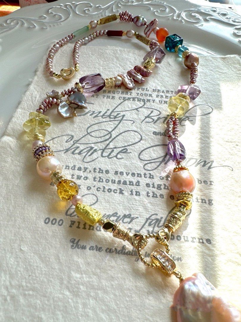 #PN493 Glamorous Sparkle| Freshwater Pearl Necklace | Purple Quartz | Removable Pendant | Big Baroque Pearl | Lute Shaped Pearl | Lustrous