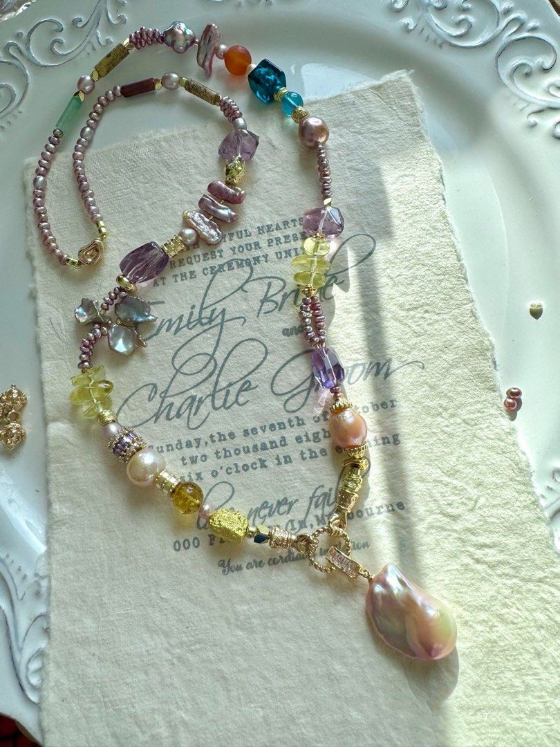 #PN493 Glamorous Sparkle| Freshwater Pearl Necklace | Purple Quartz | Removable Pendant | Big Baroque Pearl | Lute Shaped Pearl | Lustrous