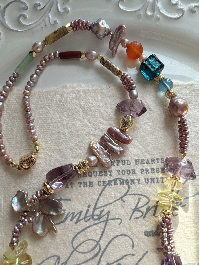 #PN493 Glamorous Sparkle| Freshwater Pearl Necklace | Purple Quartz | Removable Pendant | Big Baroque Pearl | Lute Shaped Pearl | Lustrous