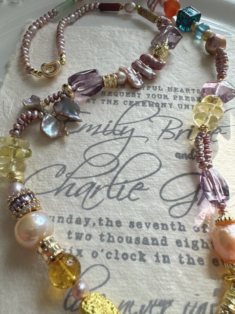 #PN493 Glamorous Sparkle| Freshwater Pearl Necklace | Purple Quartz | Removable Pendant | Big Baroque Pearl | Lute Shaped Pearl | Lustrous