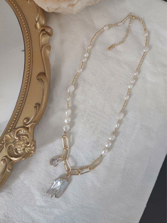 #PN515 [Clearance Sale] Golden White|Freshwater Pearl Necklace |Baroque Pearl |Big Pendant with Golden Frame|Zircon on Chain|Great Lustre