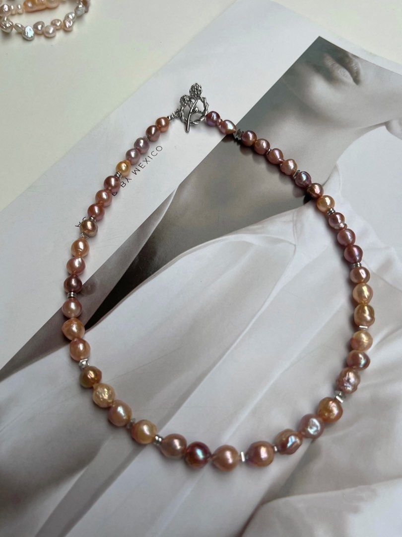 #PN528 Golden&Purple|Freshwater Pearl Necklace |Lustrous|Baroque Pearl |Natural Wrinkles|Flower Clasp