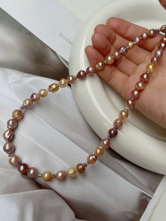 #PN528 Golden&Purple|Freshwater Pearl Necklace |Lustrous|Baroque Pearl |Natural Wrinkles|Flower Clasp