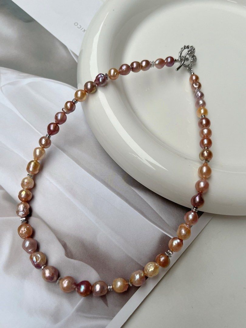 #PN528 Golden&Purple|Freshwater Pearl Necklace |Lustrous|Baroque Pearl |Natural Wrinkles|Flower Clasp