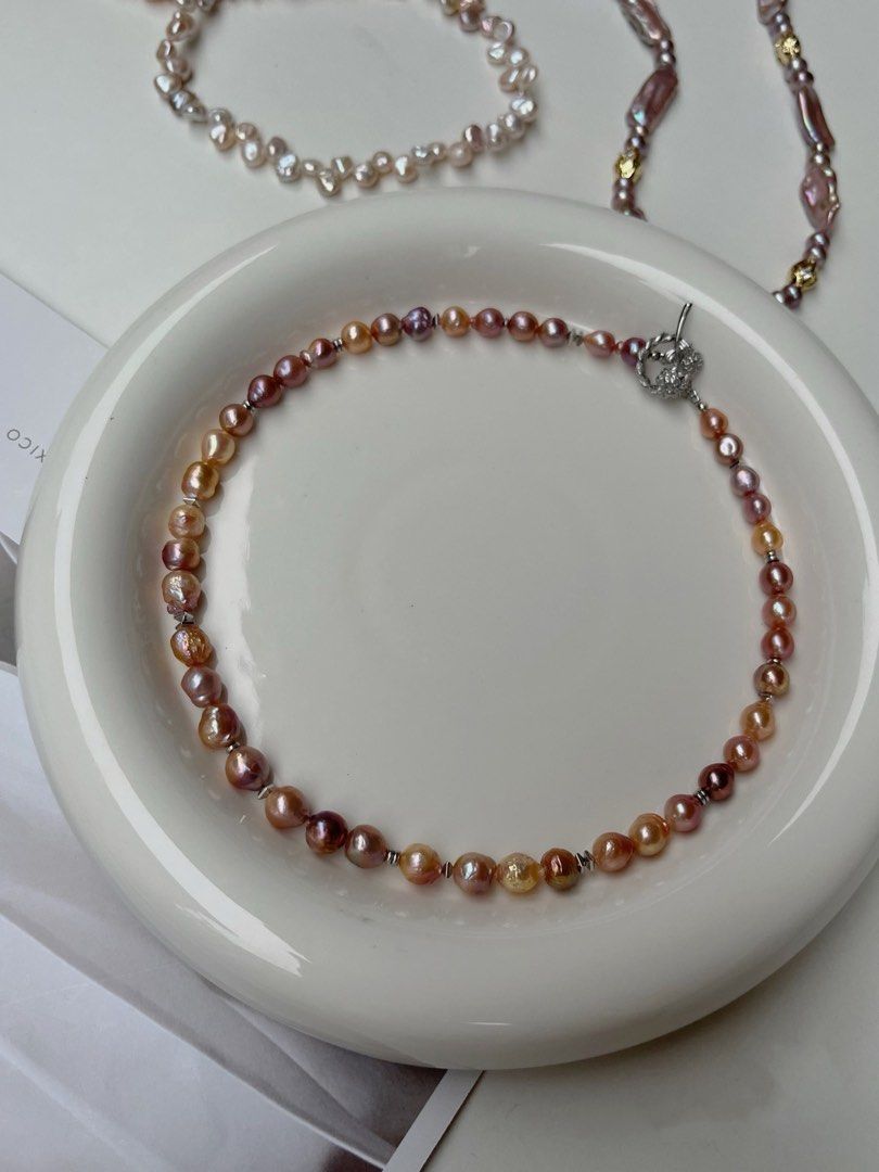 #PN528 Golden&Purple|Freshwater Pearl Necklace |Lustrous|Baroque Pearl |Natural Wrinkles|Flower Clasp