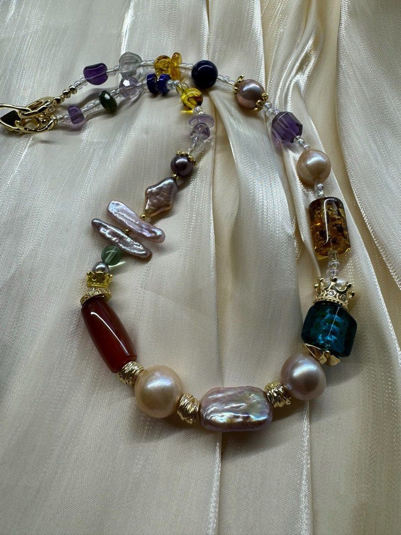 #PN443 Grand Romance|Freshwater Pearl Necklace |Amber|Purple Quartz |Stick Pearl|Irregular Shapes |Red Agate|Lapis Lazuli