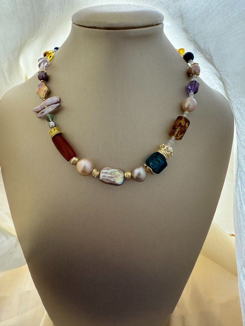#PN443 Grand Romance|Freshwater Pearl Necklace |Amber|Purple Quartz |Stick Pearl|Irregular Shapes |Red Agate|Lapis Lazuli