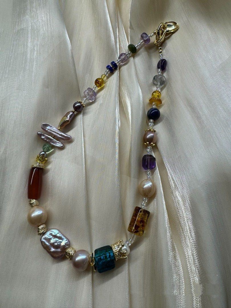 #PN443 Grand Romance|Freshwater Pearl Necklace |Amber|Purple Quartz |Stick Pearl|Irregular Shapes |Red Agate|Lapis Lazuli