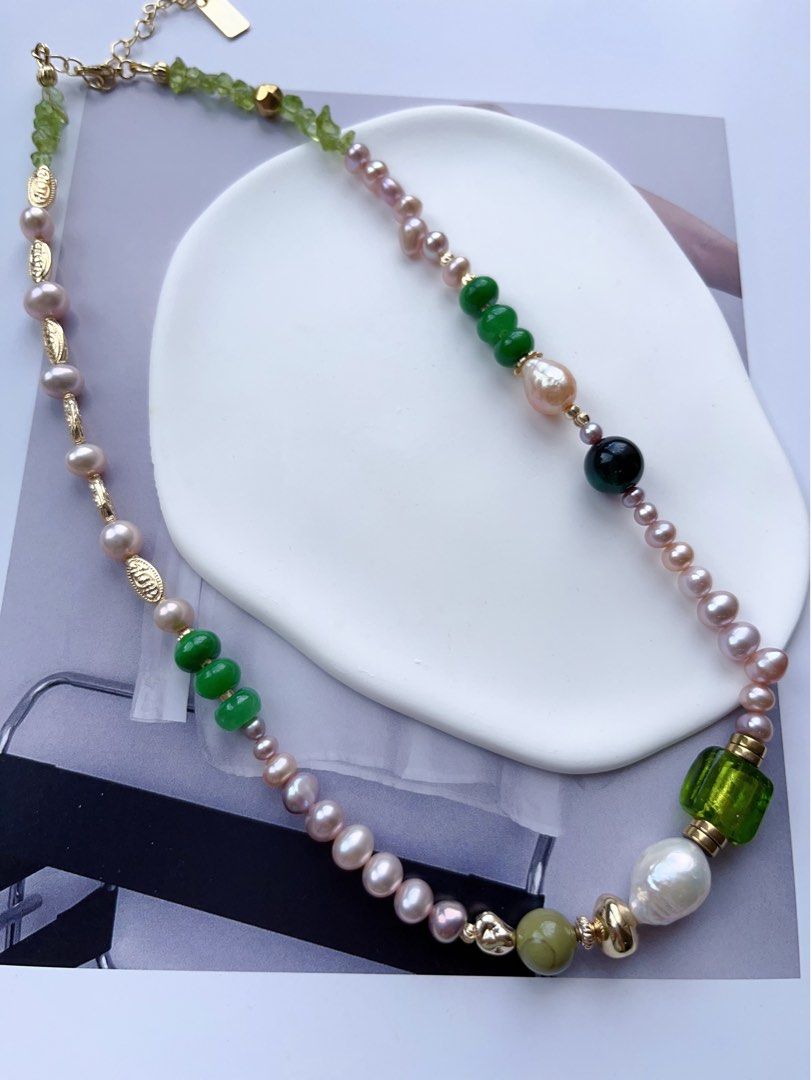 #PN544 [Sale] Grasslands | Freshwater Pearl Necklace |Jade|Malachite|Peridot|Baroque Pearl