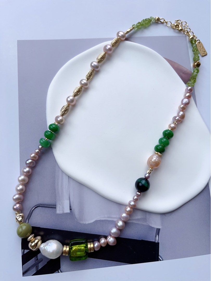 #PN544 [Sale] Grasslands | Freshwater Pearl Necklace |Jade|Malachite|Peridot|Baroque Pearl
