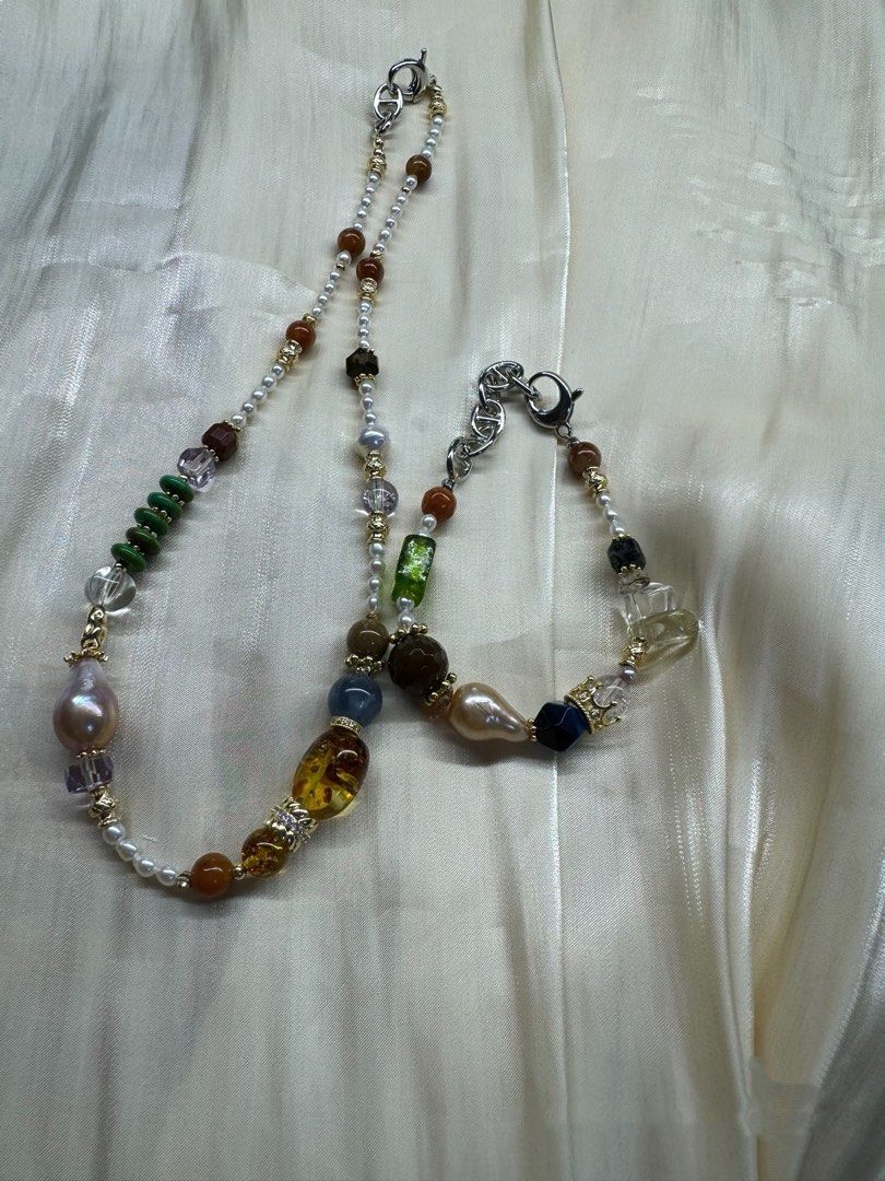 #PN535 Green & Gold| Freshwater Pearl Necklace & Bracelet Set |Big Freeform Amber|Baroque Pearl|Clear Quartz|Red Jade |Blue Rabbit Hair|Amethyst|Agate