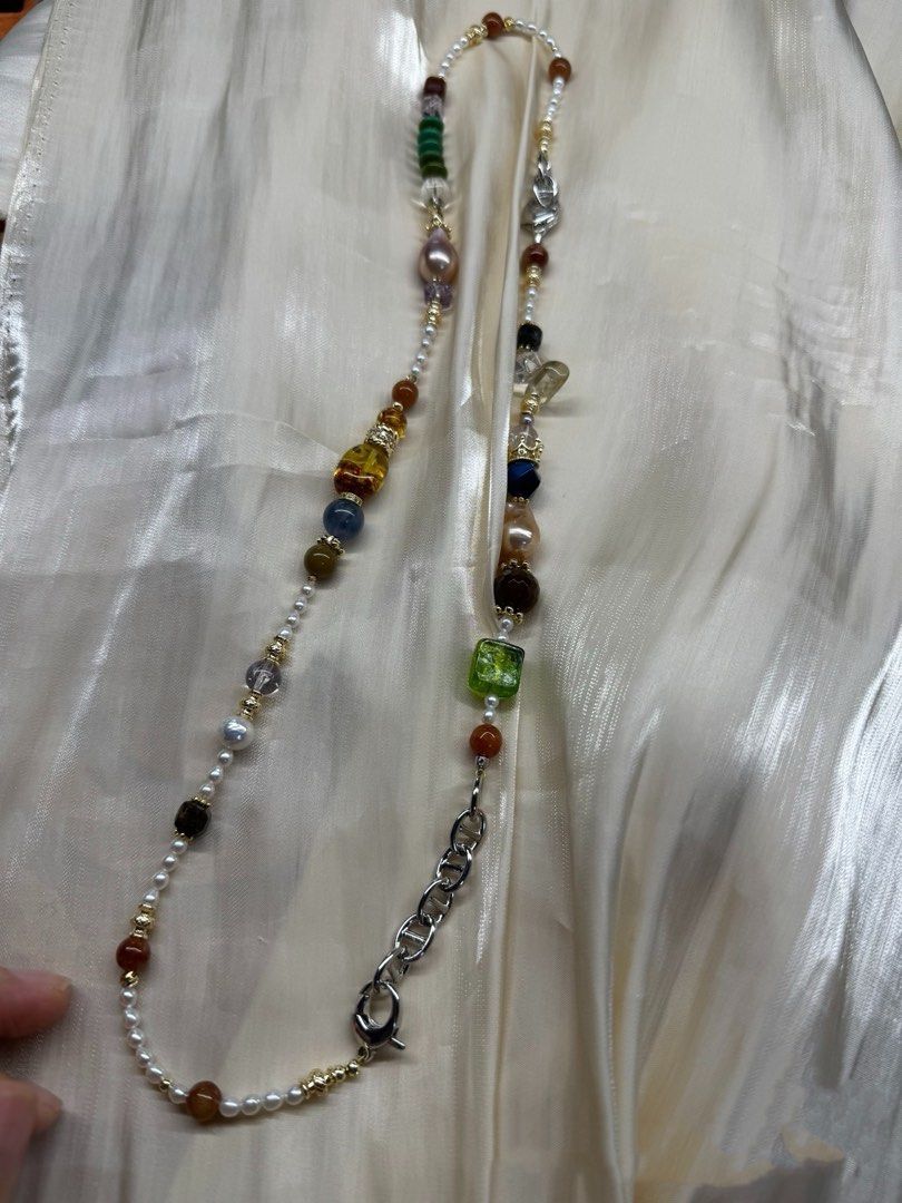 #PN535 Green & Gold| Freshwater Pearl Necklace & Bracelet Set |Big Freeform Amber|Baroque Pearl|Clear Quartz|Red Jade |Blue Rabbit Hair|Amethyst|Agate