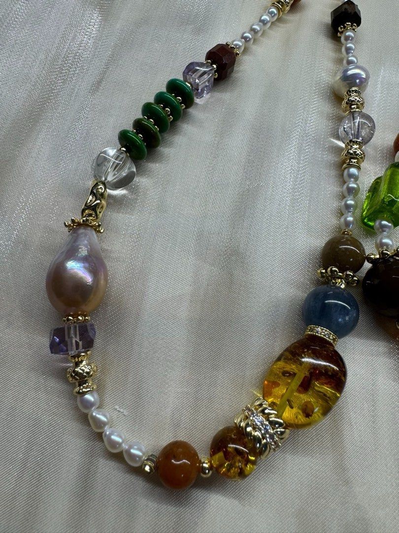 #PN535 Green & Gold| Freshwater Pearl Necklace & Bracelet Set |Big Freeform Amber|Baroque Pearl|Clear Quartz|Red Jade |Blue Rabbit Hair|Amethyst|Agate