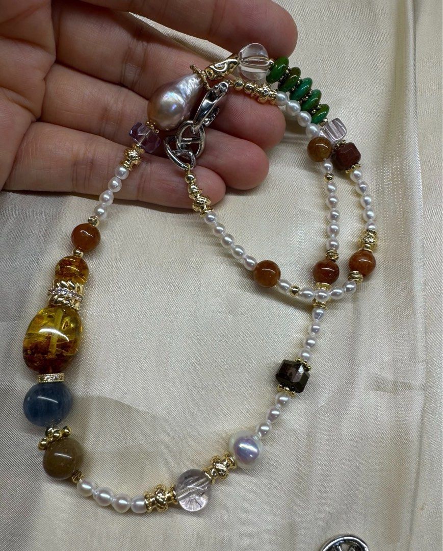 #PN535 Green & Gold| Freshwater Pearl Necklace & Bracelet Set |Big Freeform Amber|Baroque Pearl|Clear Quartz|Red Jade |Blue Rabbit Hair|Amethyst|Agate