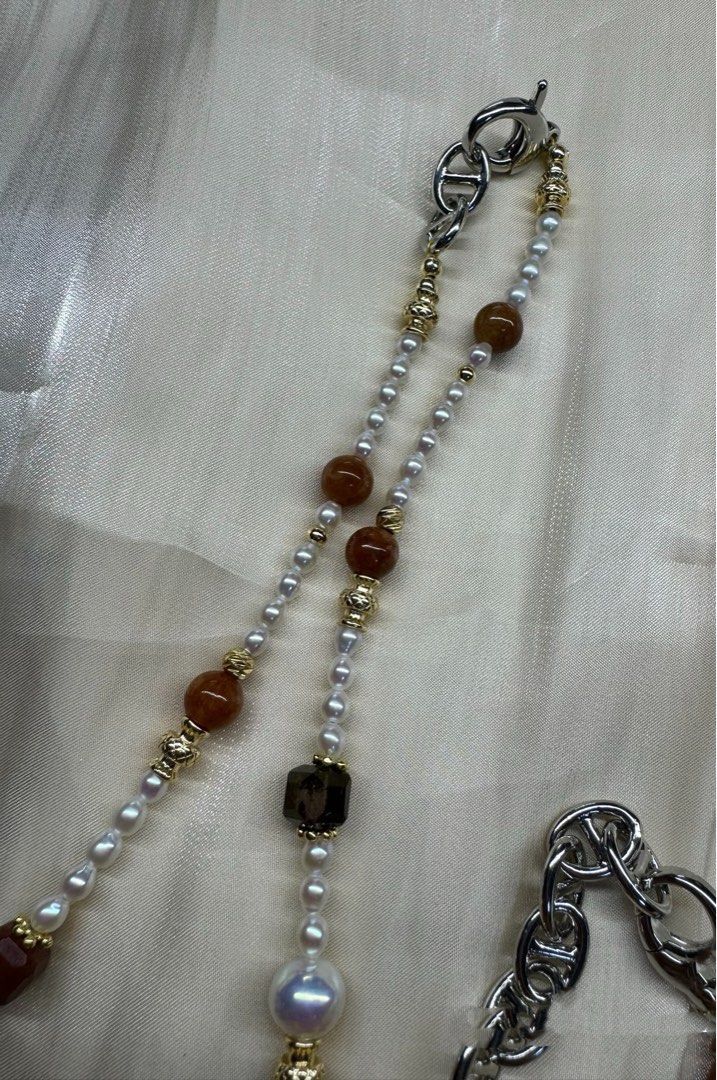 #PN535 Green & Gold| Freshwater Pearl Necklace & Bracelet Set |Big Freeform Amber|Baroque Pearl|Clear Quartz|Red Jade |Blue Rabbit Hair|Amethyst|Agate