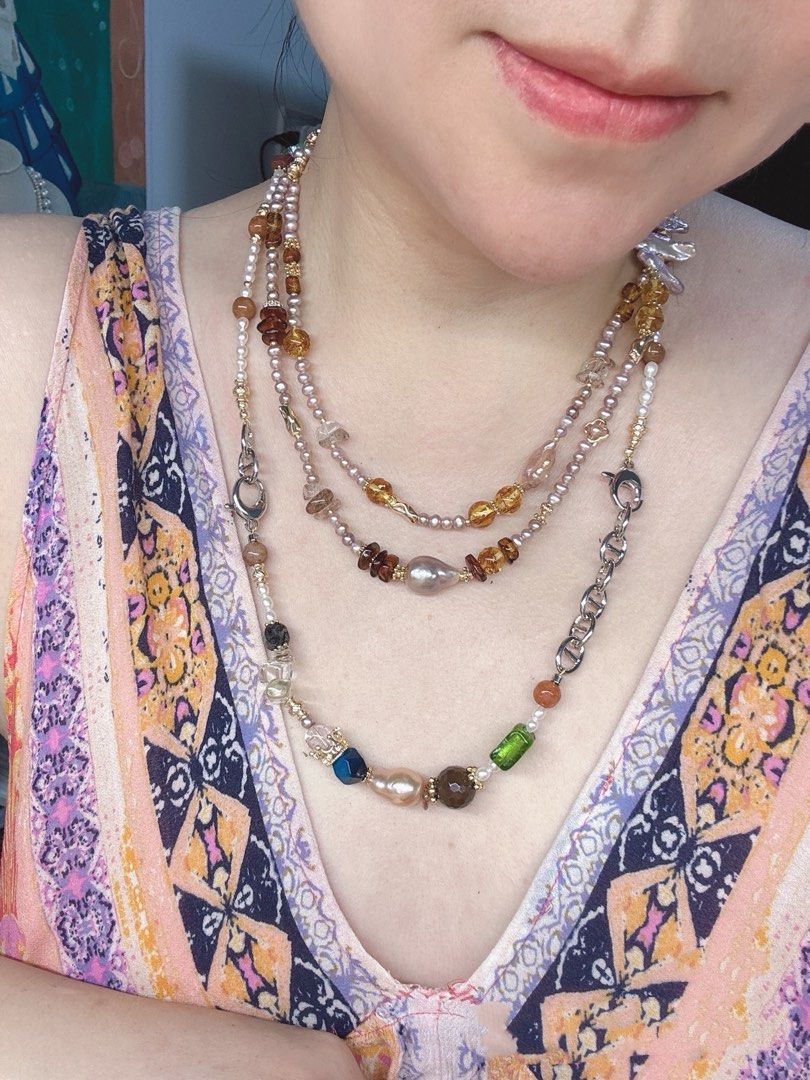 #PN535 Green & Gold| Freshwater Pearl Necklace & Bracelet Set |Big Freeform Amber|Baroque Pearl|Clear Quartz|Red Jade |Blue Rabbit Hair|Amethyst|Agate