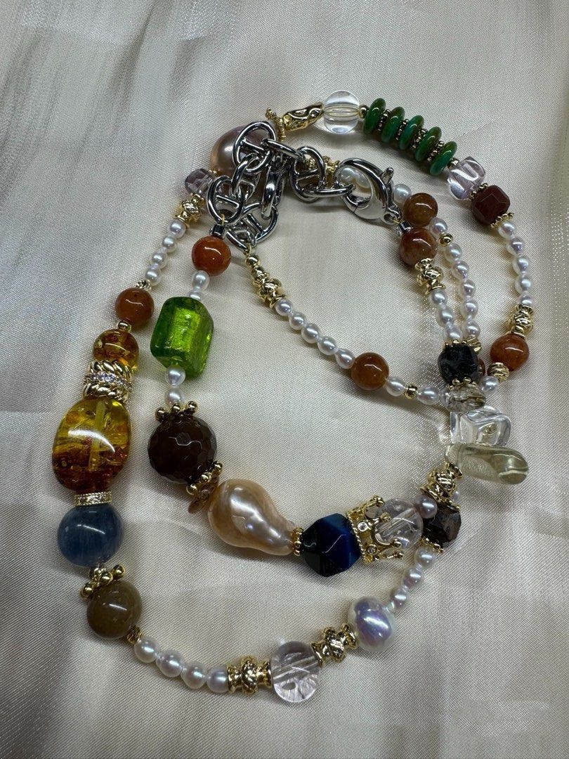 #PN535 Green & Gold| Freshwater Pearl Necklace & Bracelet Set |Big Freeform Amber|Baroque Pearl|Clear Quartz|Red Jade |Blue Rabbit Hair|Amethyst|Agate