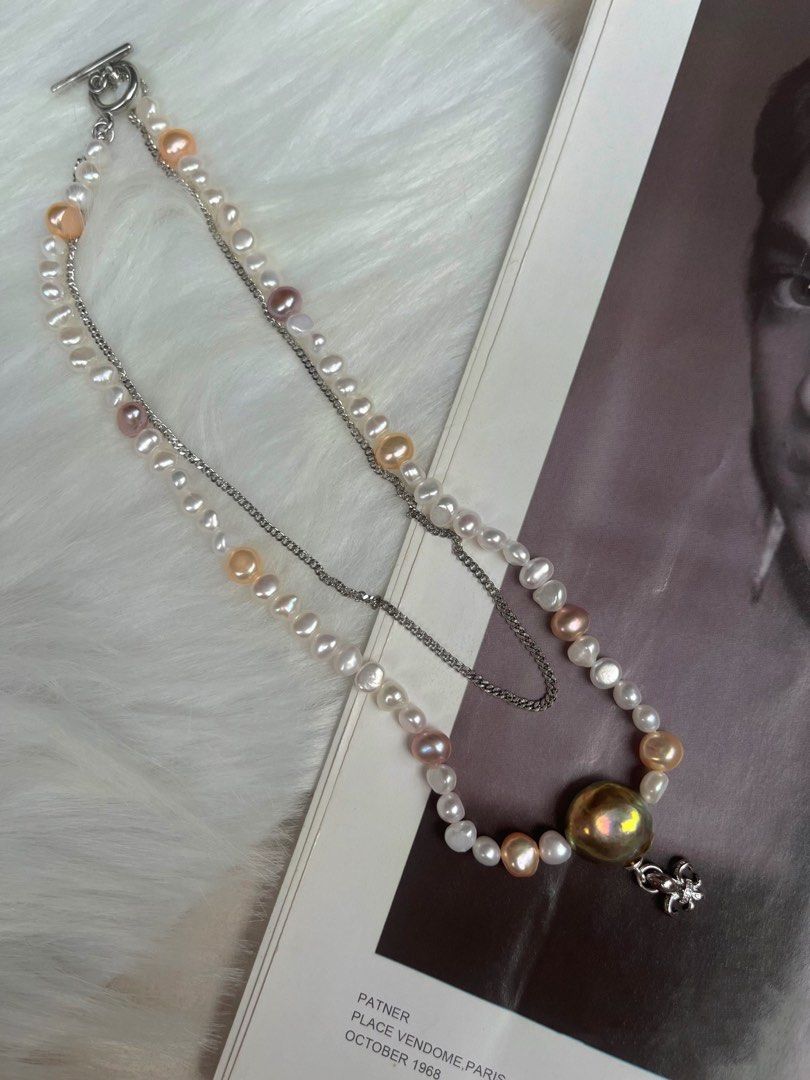 #PN524 Green & Silver|Freshwater Pearl Necklace |Double-layered|Cool & Vintage Style
