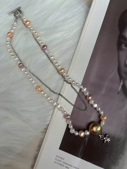 #PN524 Green & Silver|Freshwater Pearl Necklace |Double-layered|Cool & Vintage Style